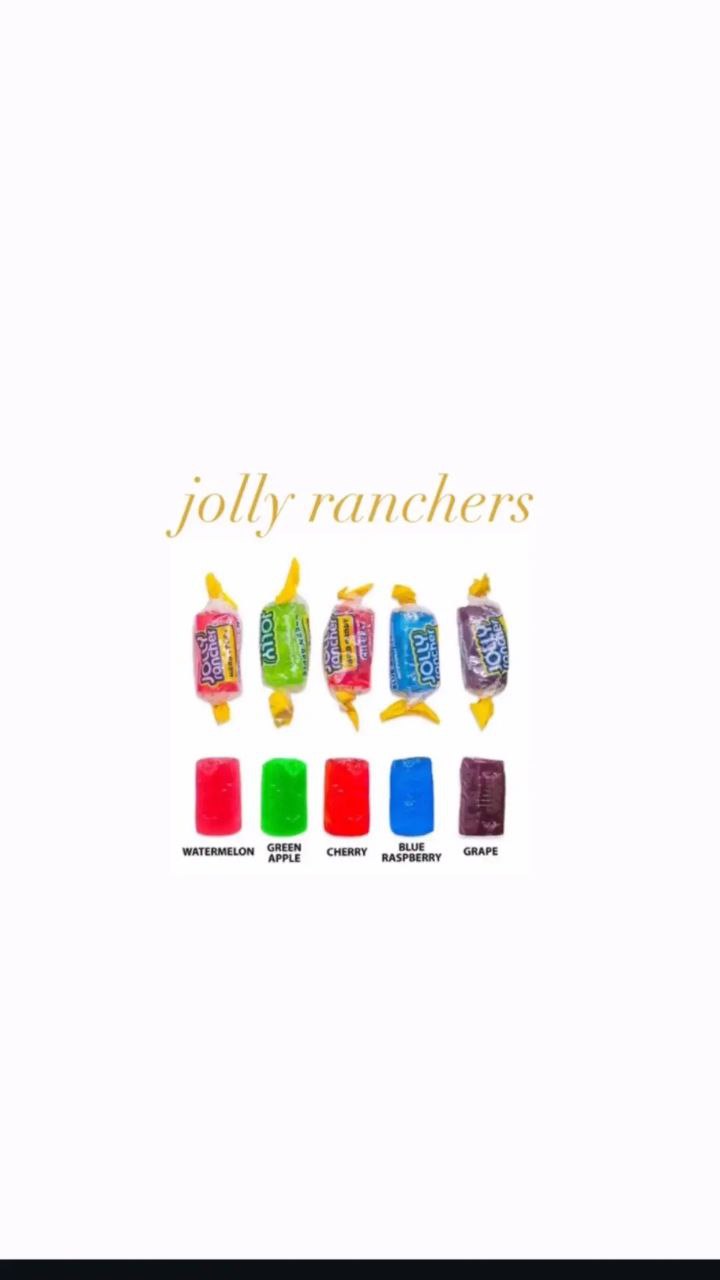 Конфеты Jolly Ranchers Изображение демонстрирует пять различных вкусов конфет Jolly Ranchers в обертках и без них, с подписями каждого вкуса на английском языке.