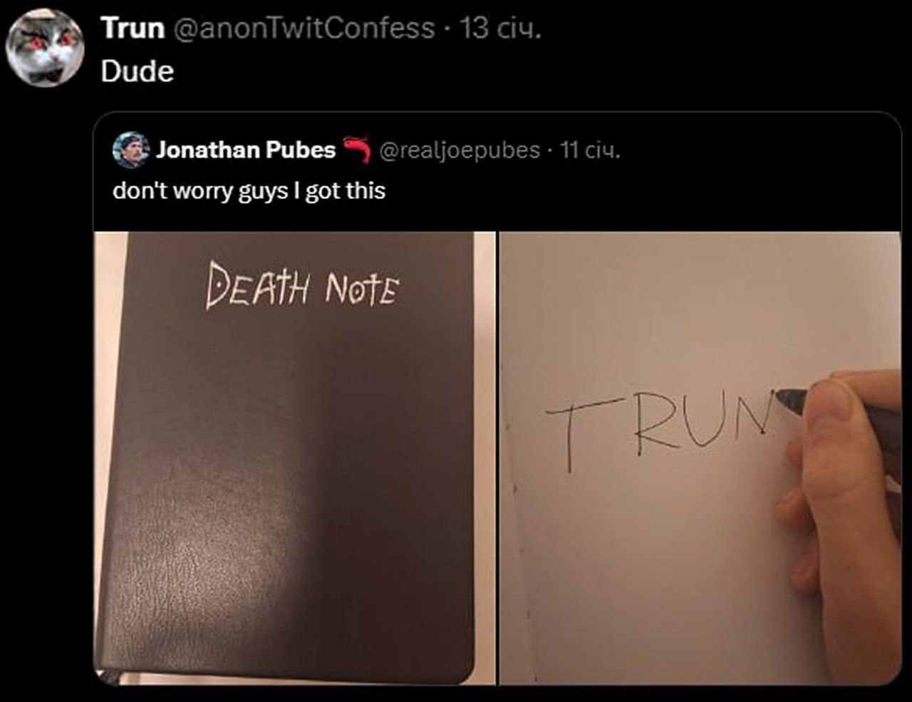 Jonathan Pubes записывает Трампа в тетрадь смерти Jonathan Pubes записывает имя Трампа в тетрадь смерти.