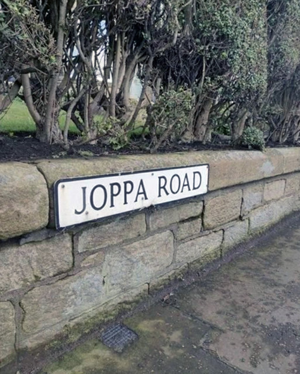 Joppa Road Табличка с названием улицы Joppa Road, прикрепленная к невысокой каменной стене рядом с дорогой и кустами.