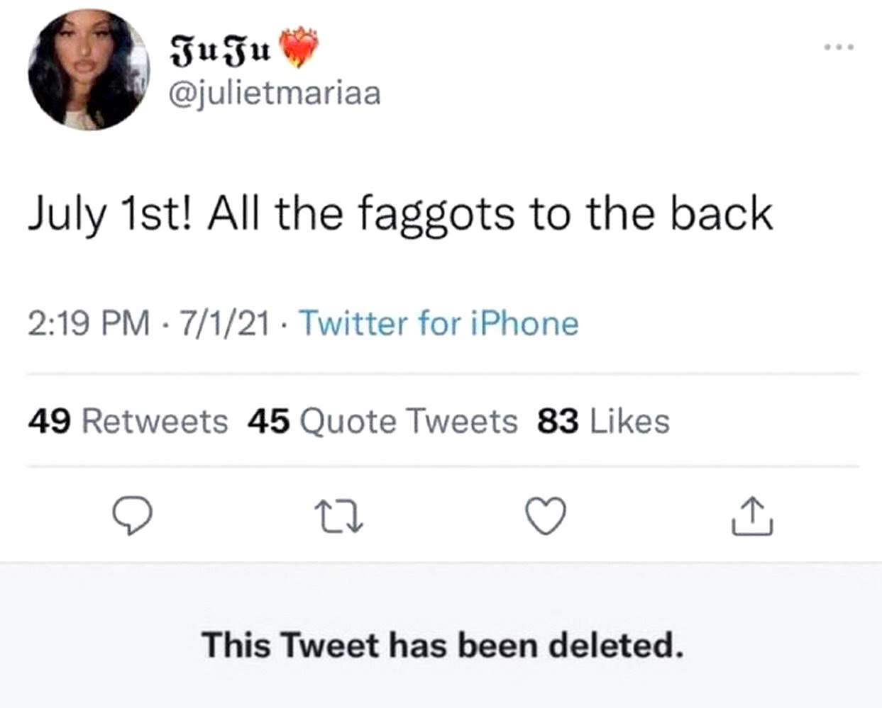 July 1st! All the faggots to the back Скриншот удаленного твита JuJu «July 1st! All the faggots to the back»