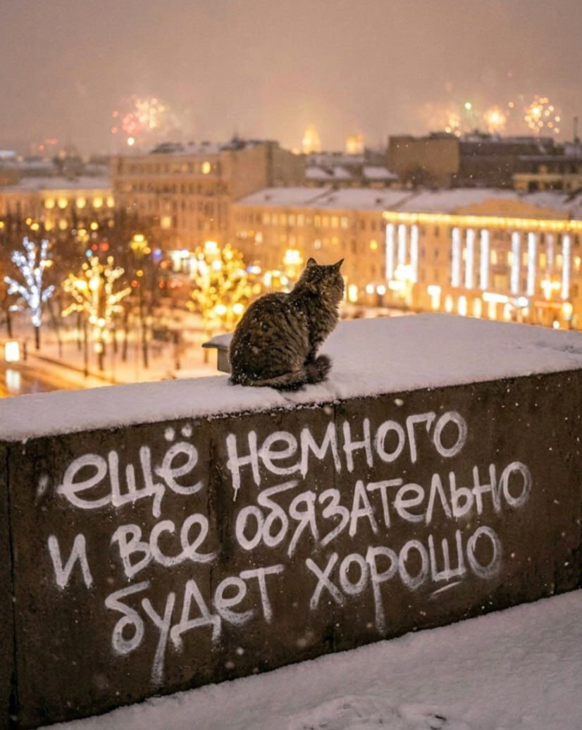 Кошка сидит на заснеженном парапете с надписью «Ещё немного и всё обязательно будет хорошо» на фоне ночного города и фейерверков.