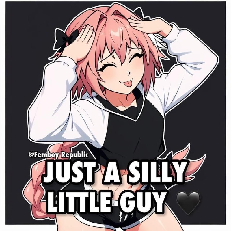 Аниме-персонаж с розовыми волосами и подписью «Just a Silly Little Guy» на темном фоне.