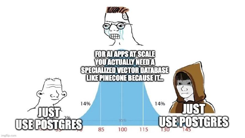Just use Postgres Мем с кривой колоколообразной формы и тремя персонажами: человеком-сойжаком, плачущим сойжаком и человеком в капюшоне, обсуждающими использование баз данных для ИИ-приложений. На кривой внизу цифры 85, 100, 115, 130 и 145, а также проценты 2%, 14%, 95%.