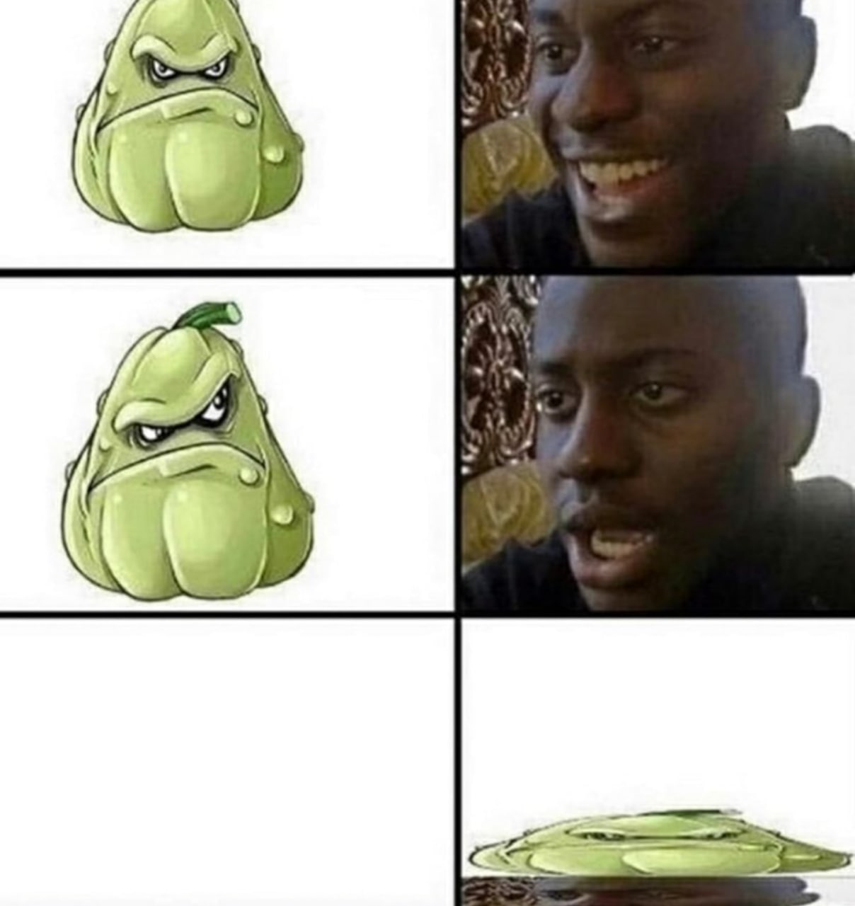Кабачок Plants vs. Zombies и черный парень Мем с кабачком из Plants vs. Zombies и черным парнем в разных эмоциональных состояниях, показывающий реакцию на что-то.
