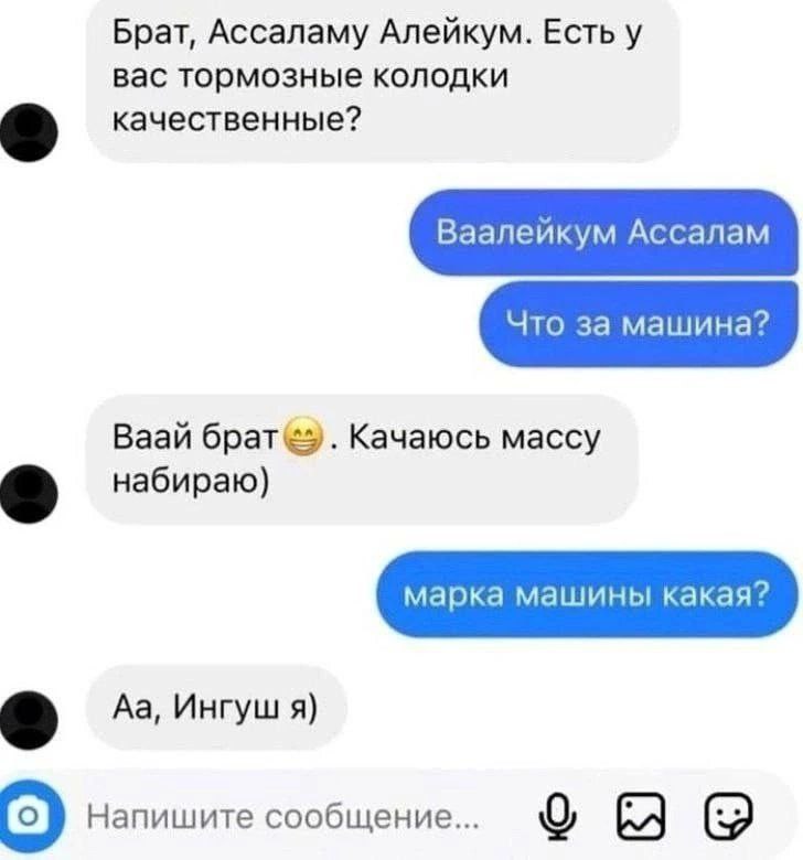 Качаюсь массу набираю Переписка в мессенджере, где один человек пытается купить тормозные колодки, но вместо ответа о марке машины, отвечает о наборе массы и своей национальности.
