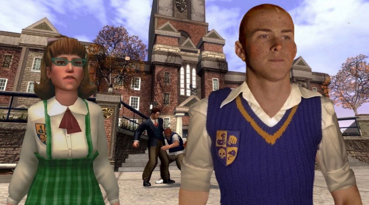 Кадры из Bully Кадр из игры Bully с учениками школы Булворт, стоящими на фоне дерущихся школьников.