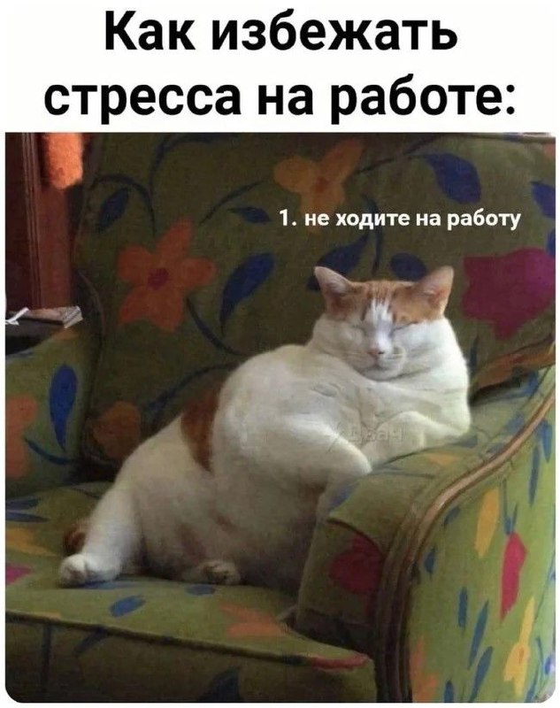 Как избежать стресса на работе Мем «Как избежать стресса на работе» с толстым котом, лежащим в кресле, и надписью «не ходите на работу».