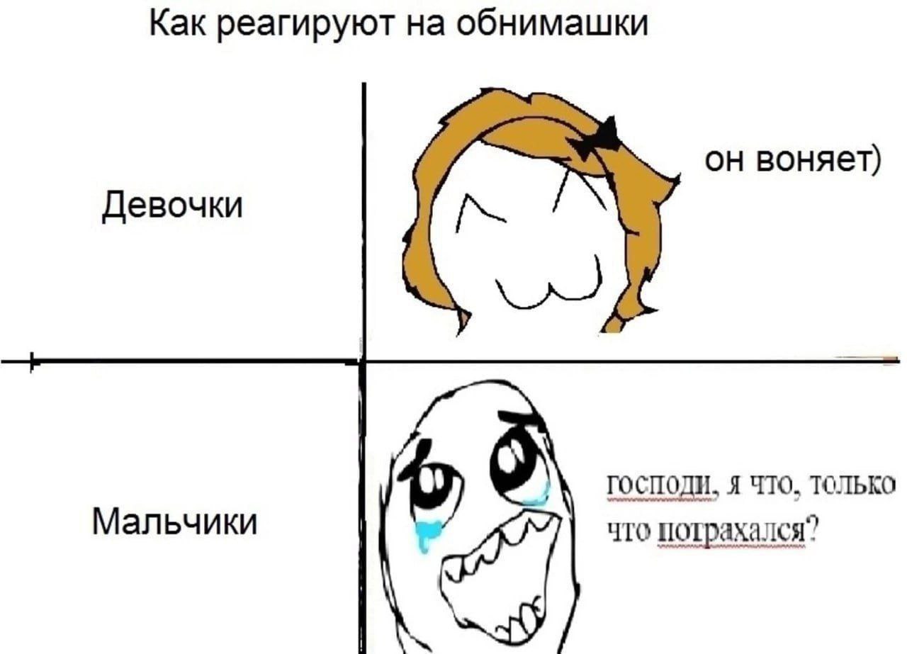 Как реагируют на обнимашки Мем, показывающий различные реакции мальчиков и девочек на объятия, с иллюстрациями и соответствующими подписями.