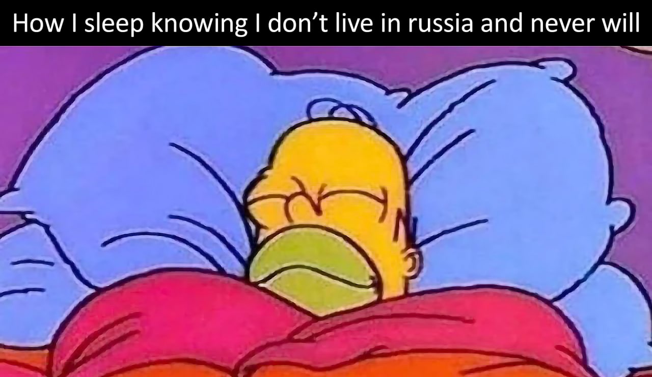 Как спится зная что ты не живешь в России и никогда не будешь Гомер Симпсон блаженно спит, укрывшись синими подушками и красным одеялом, под надписью «How i sleep knowing i don't live in russia and never will».