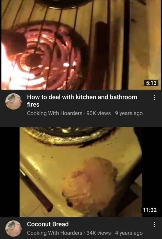 Как тушить пожары на кухне и в ванной Мем с ютуб-каналом «Cooking With Hoarders», где показаны два видеоролика: «Как тушить пожары на кухне и в ванной» и «Кокосовый хлеб».