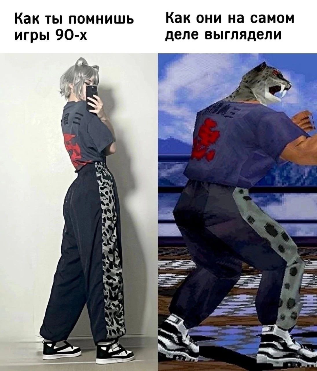 Как ты помнишь игры 90-х Сравнение того, как выглядят персонажи в играх 90-х в воспоминаниях, и как они выглядели на самом деле: девушка в косплее Леопарда из Tekken и сам персонаж