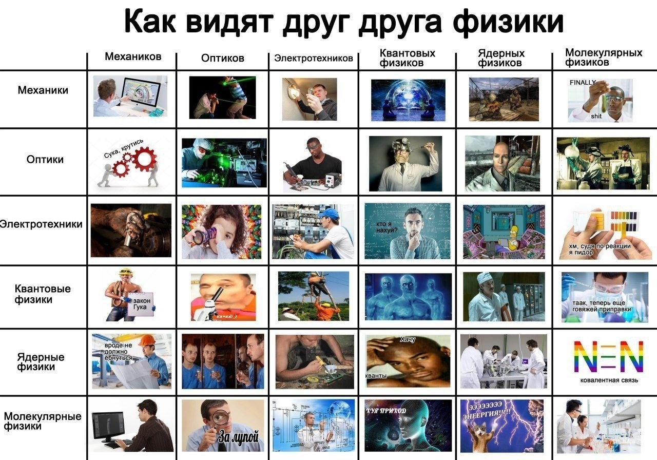 Таблица с шутливыми картинками о том, как друг друга видят механики, оптики, электротехники, квантовые, ядерные и молекулярные физики
