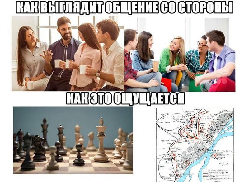 Как выглядит общение со стороны Мем о том, как общение выглядит со стороны и как оно ощущается на самом деле, сравнивая его с шахматами и боевыми действиями.