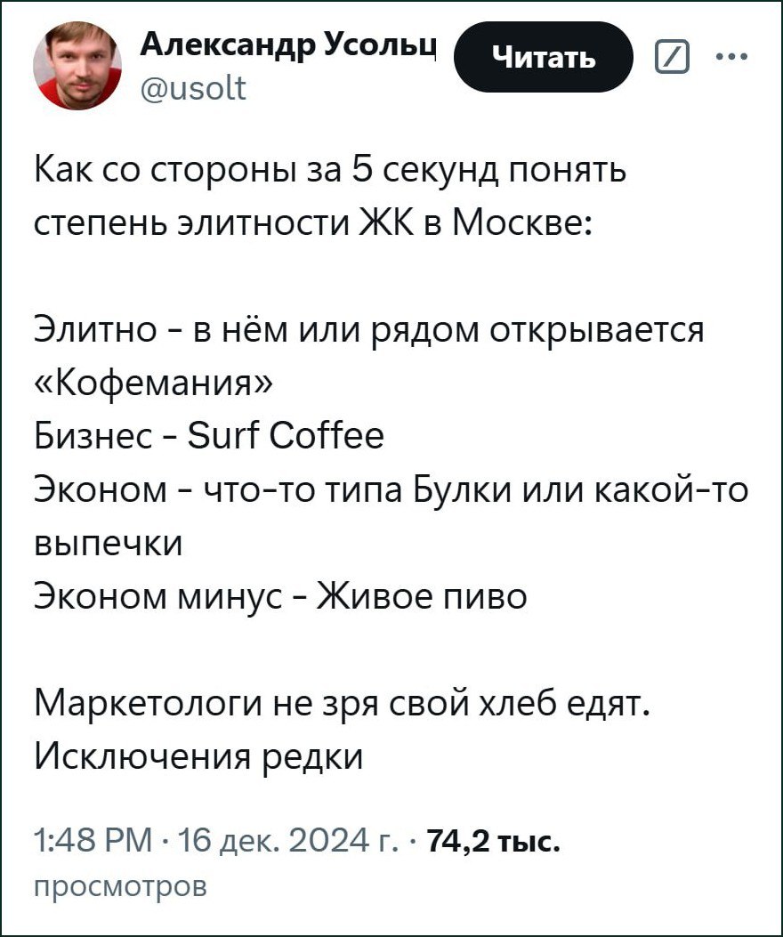 Как за 5 секунд понять элитность ЖК в Москве Мем с советом Александра Усольца о том, как за 5 секунд определить элитность жилого комплекса в Москве по расположенным рядом заведениям.
