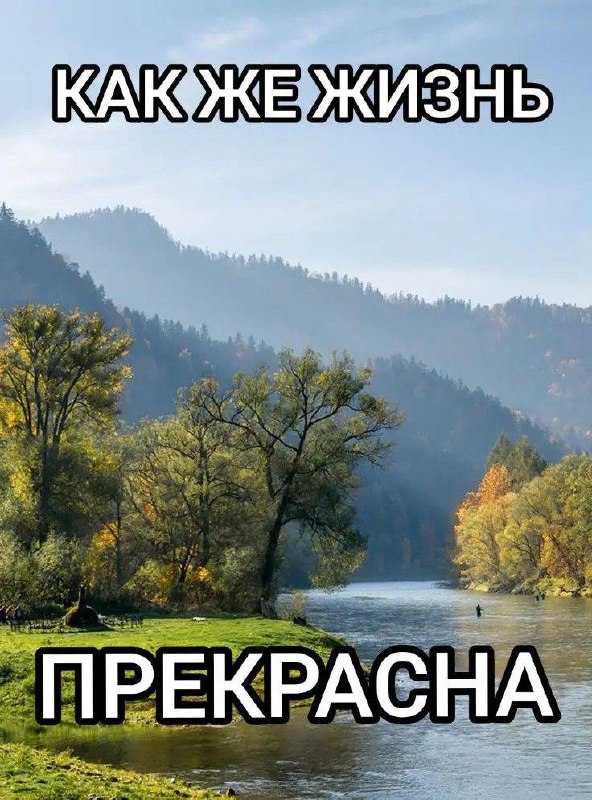 Как же жизнь прекрасна На картинке изображен красивый пейзаж с рекой и горами на фоне, а также надпись «Как же жизнь прекрасна»