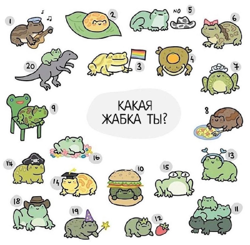 Какая жабка ты Мем с двадцатью разными жабами, каждая из которых показывает разные эмоции и наряды: жаба с гитарой, жаба в шапке, жаба с флагом ЛГБТ, жаба на динозавре, жаба-бургер, жаба-пират и другие. Посередине картинки надпись: «Какая жабка ты?»