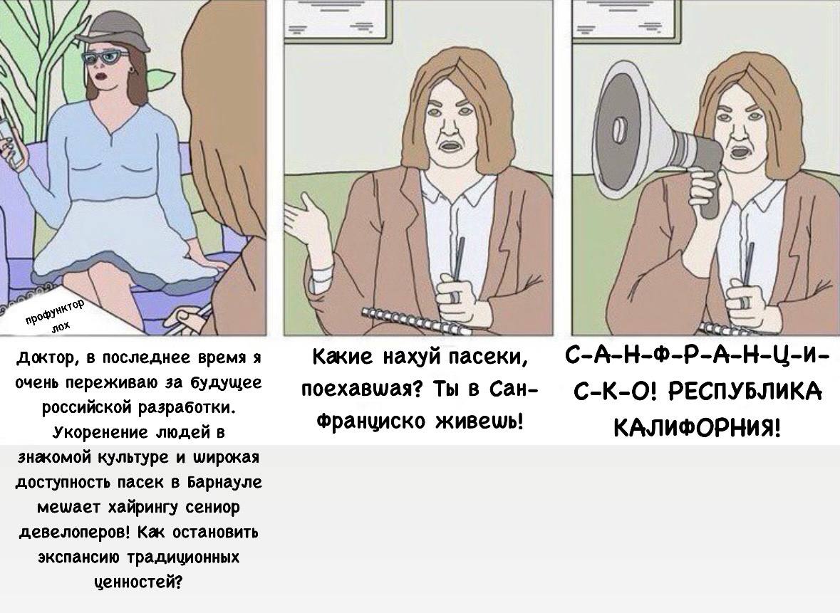 Какие нахуй пасеки, поехавшая? Мем, где девушка на приеме у доктора, и она задает вопрос про то, как остановить экспансию традиционных ценностей. Доктор же, в свою очередь, сначала удивленно смотрит на нее, а потом кричит в мегафон, чтобы девушка не несла бред, потому что она живет в Сан-Франциско.