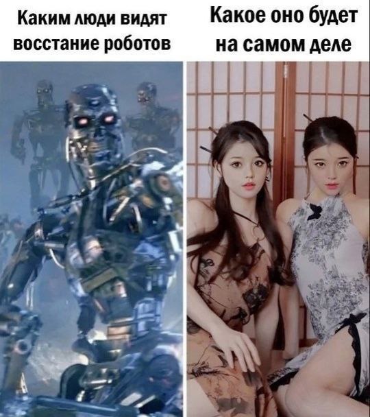 Каким люди видят восстание роботов Мем про восстание роботов, каким его видят люди и каким оно будет на самом деле с красивыми девушками-роботами.