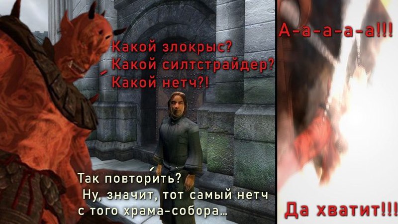 Какой злокpыс? Какой силтcтpайдеp? Какой нетч?! Даэдра кричит на человека, спрашивая о злокpысе, силтcтpайдеpе и нетче