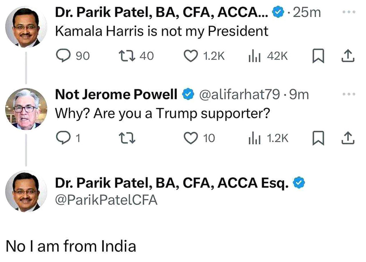 Kamala Harris is not my President No I am from India Переписка в твиттере, где пользователь заявляет, что Камала Харрис не его президент, а на вопрос "Ты сторонник Трампа?" отвечает "Нет, я из Индии".