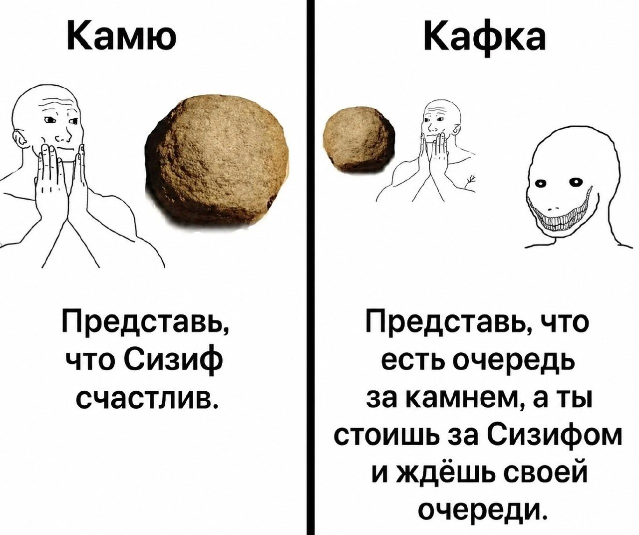 Сравнение Камю и Кафки: Сизиф счастлив, а очередь за камнем превращает абсурд в настоящий кошмар