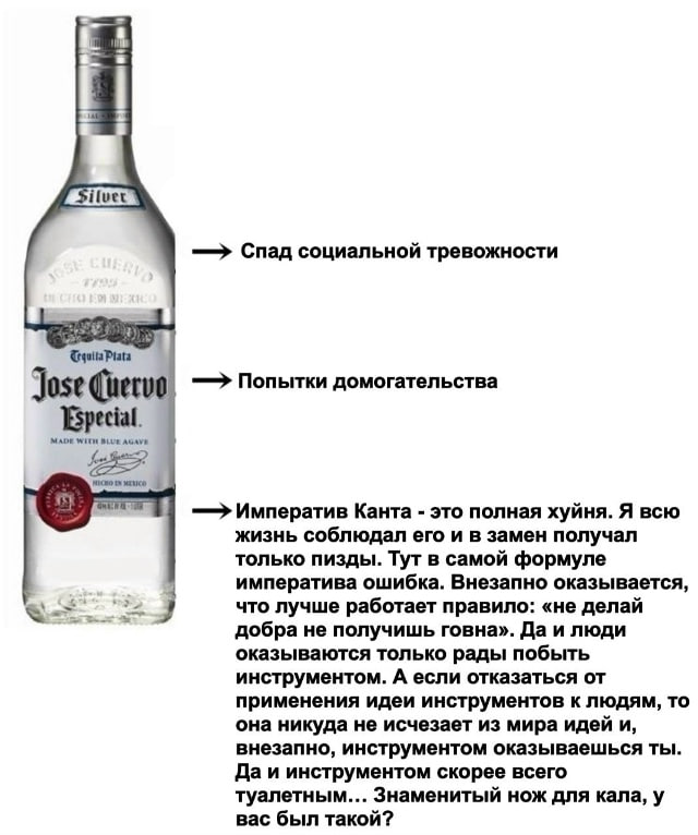 Бутылка текилы Jose Cuervo с шуткой о спаде социальной тревожности, попытках домогательства и критике императива Канта