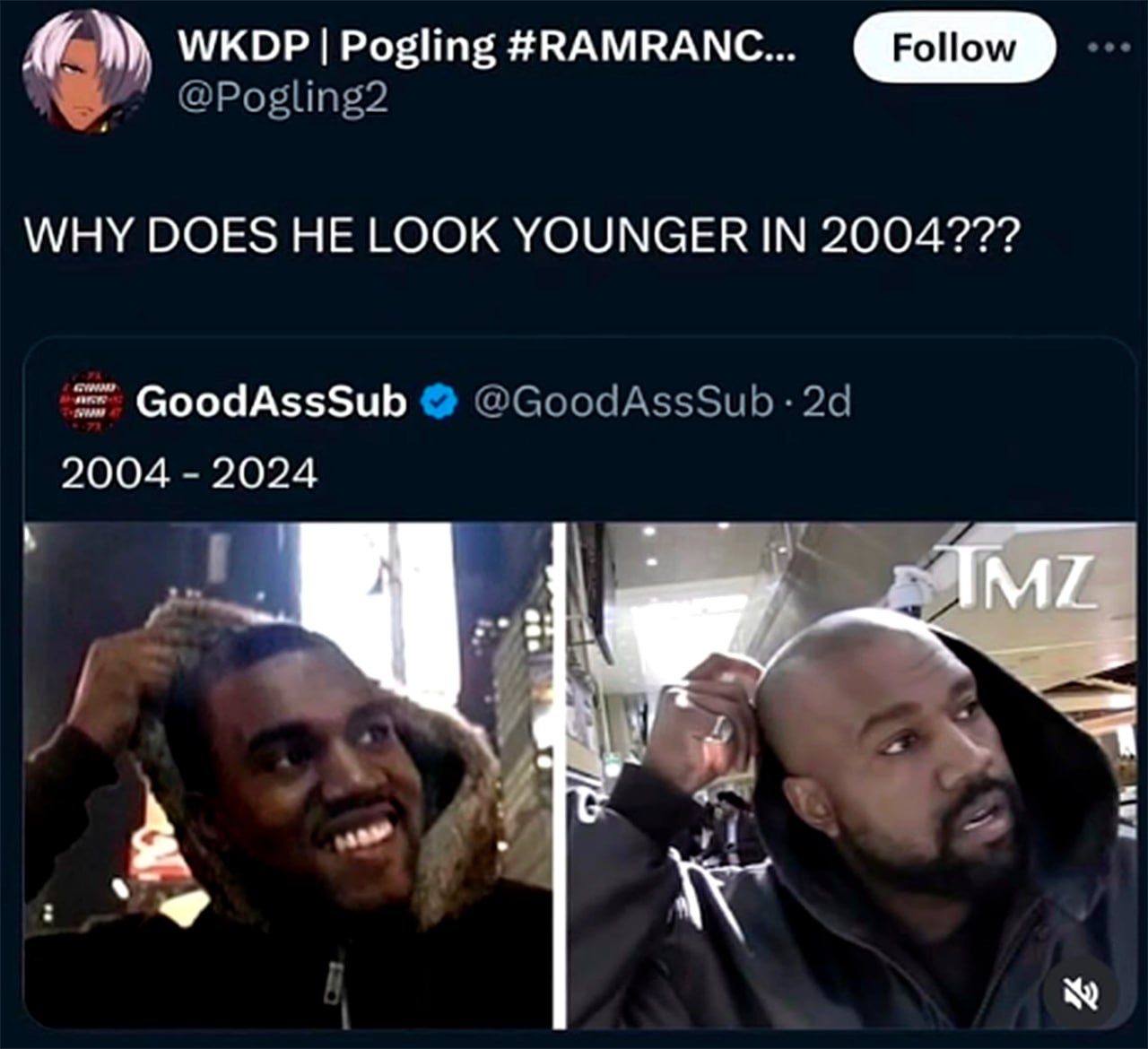 Канье Уэст 2004 vs 2024 Сравнение внешности Канье Уэста в 2004 и 2024 годах