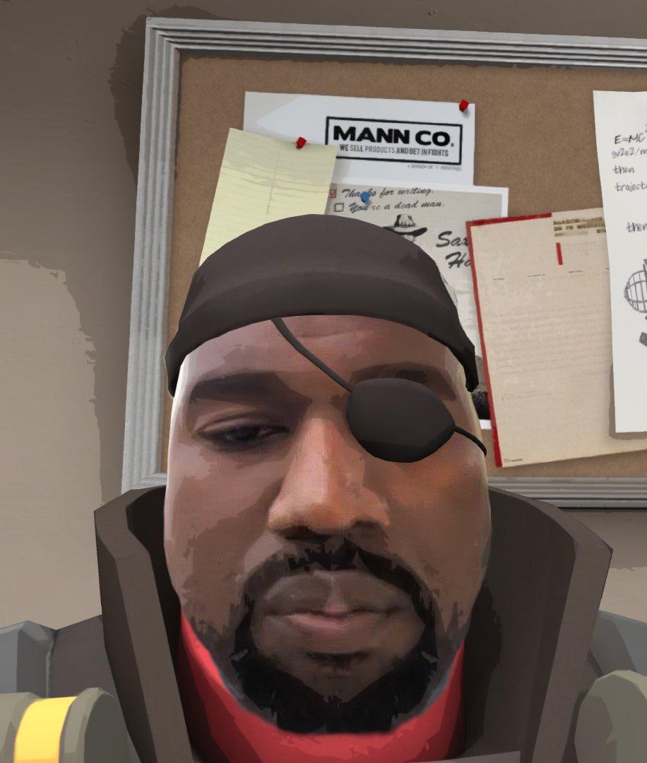 Канье Уэст подрывник из Team Fortress 2 Канье Уэст в образе подрывника из Team Fortress 2 с повязкой на глазу на фоне доски с заметками