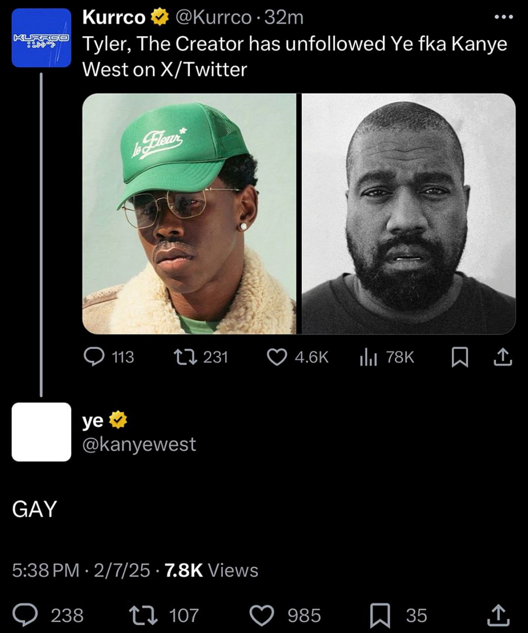 Канье Уэст GAY Мем, где Tyler, The Creator отписывается от Канье Уэста, а Канье в ответ пишет "GAY"