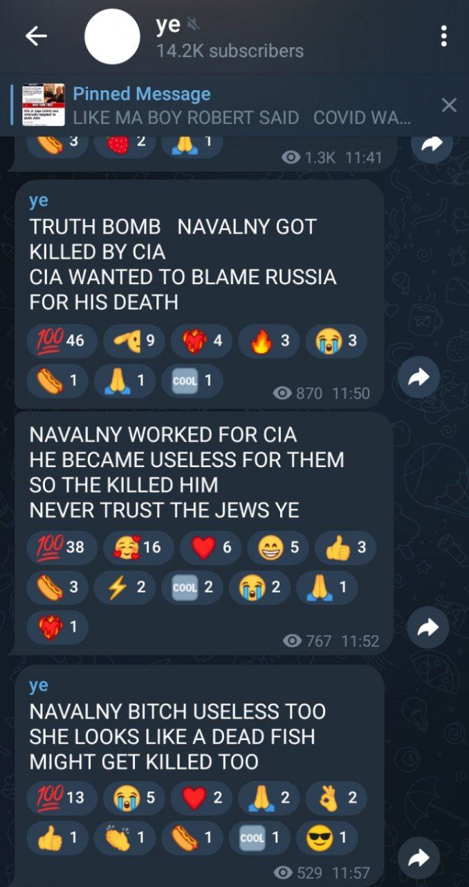Kanye West об убийстве Навального Мем с текстом Kanye West (Ye) о смерти Навального, опубликованный в Telegram-канале Ye, где он утверждает, что ЦРУ убило Навального, а также призывает не доверять евреям.