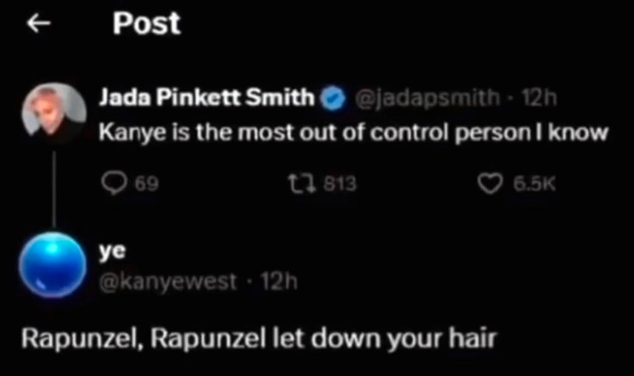 Kanye is the most out of control person I know Rapunzel, Rapunzel let down your hair Kanye West отвечает Джаде Пинкетт Смит, сравнивая ее с Рапунцель и прося ее «спустить волосы», после того как она назвала его «самым вышедшим из-под контроля человеком»