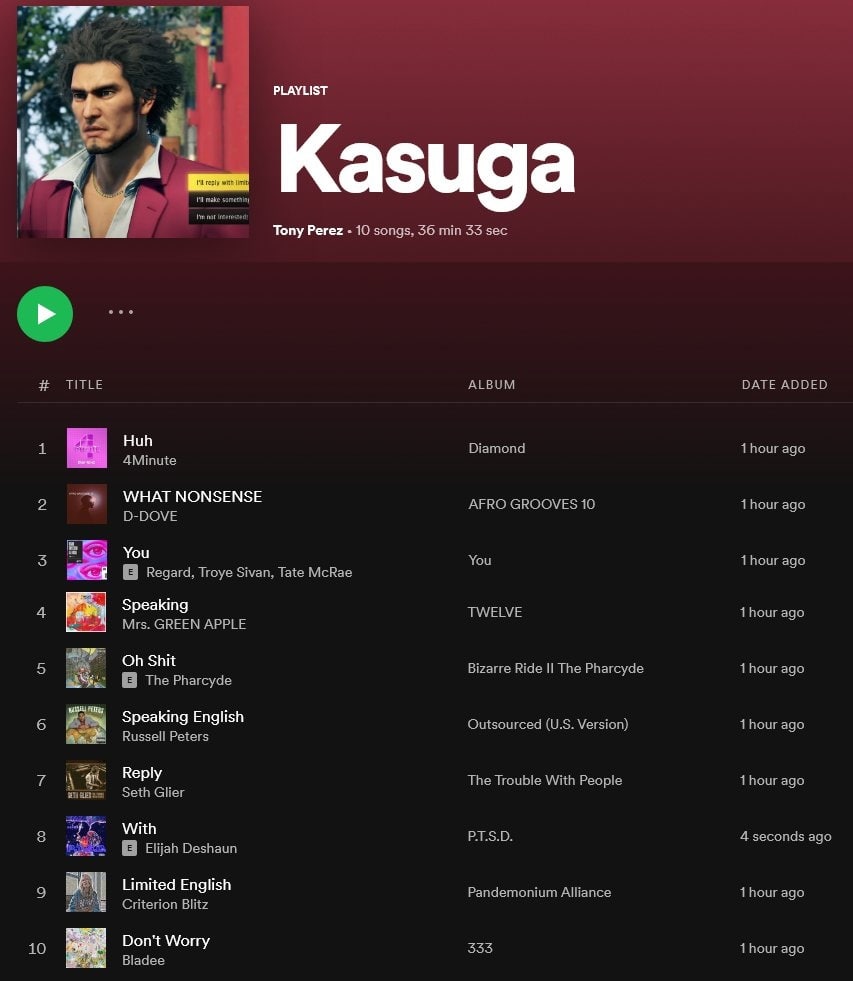 Касуга пытается выучить английский Плейлист Касуги из игры Yakuza: Like a Dragon, составленный из названий треков, которые вместе образуют связный рассказ о его попытке понять английский язык.