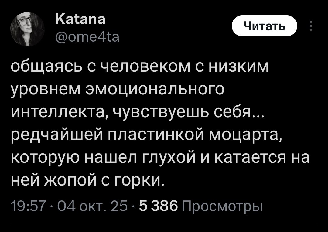 Катаешься на ней жопой с горки Общаясь с человеком с низким уровнем эмоционального интеллекта, чувствуешь себя редчайшей пластинкой Моцарта, которую нашел глухой и катается на ней жопой с горки.