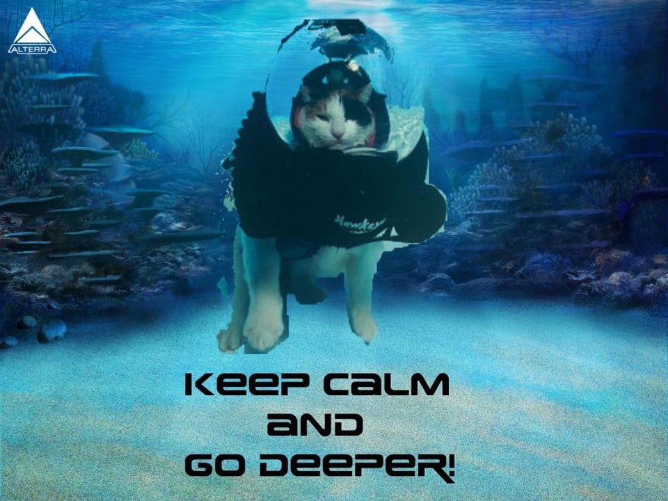 Keep calm and go deeper кот Кот в костюме для дайвинга с надписью "Keep calm and go deeper!" под водой