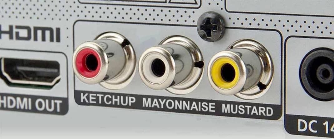 Ketchup Mayonnaise Mustard порты Разъемы RCA с подписями Кетчуп, Майонез, Горчица на задней панели устройства