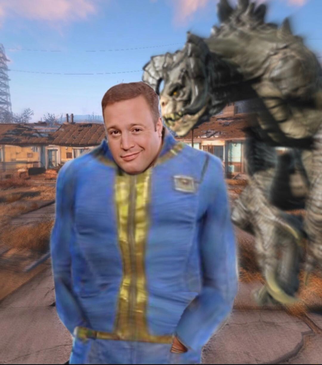 Кевин Джеймс в костюме из Fallout и Коготь смерти Кевин Джеймс в костюме из Fallout с Когтем смерти позади