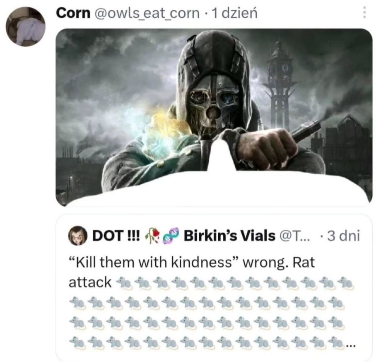 Убей их добротой неправильно, крысиная атака Мем с Корво Аттано и текстом «Kill them with kindness wrong. Rat attack» с эмодзи крыс.