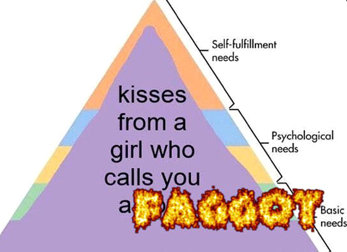 Kisses from a girl who calls you a Faggot Мем с пирамидой потребностей Маслоу и надписью "Kisses from a girl who calls you a Faggot"
