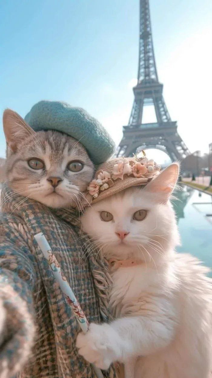 Котики в Париже Селфи двух котиков на фоне Эйфелевой башни в Париже. Один кот в зеленом берете и шарфе, другой в соломенной шляпке с цветами.