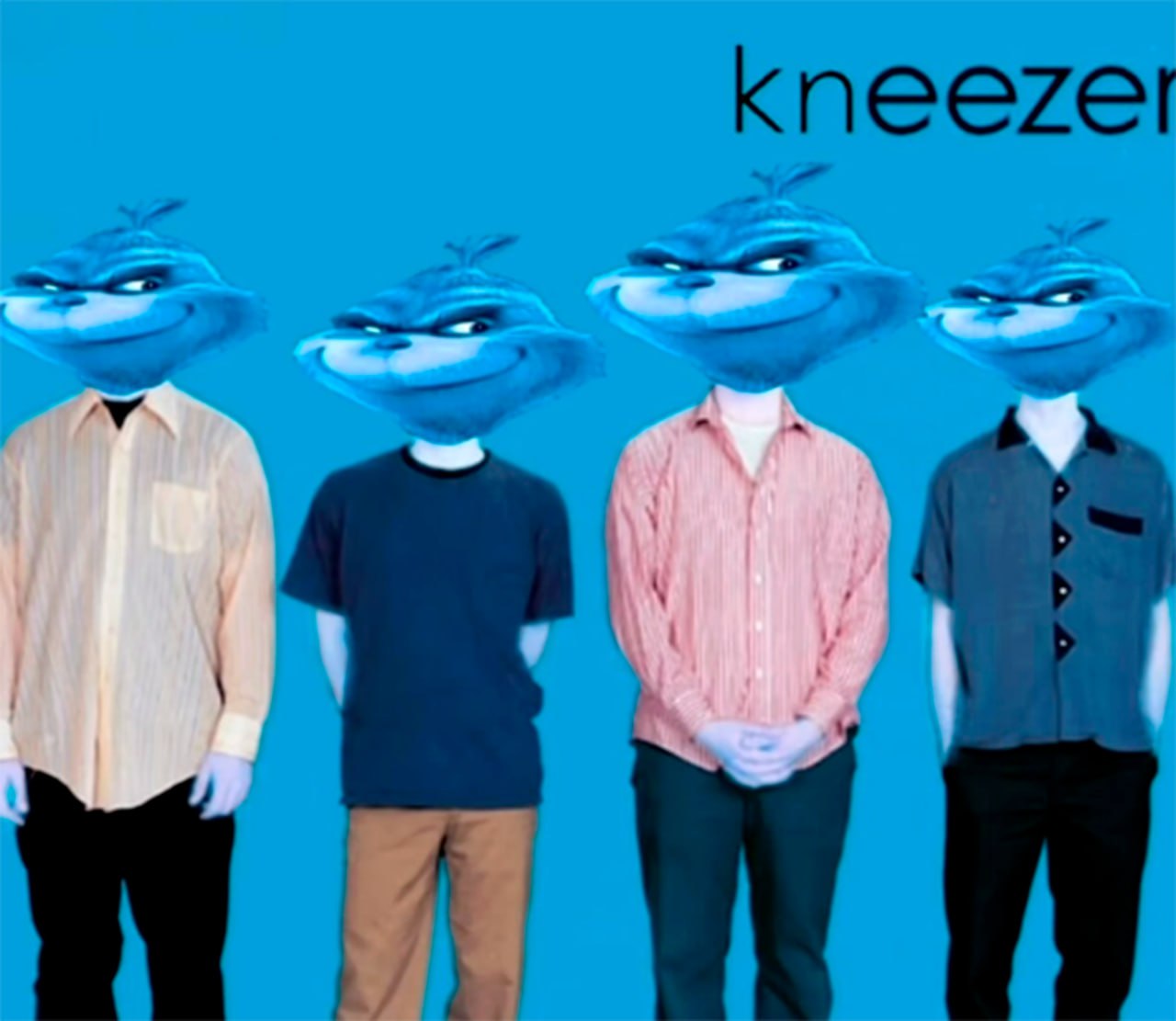 Kneezer Blue Album Мем с изображением четырех персонажей из мультфильма "Гринч" вместо лиц участников группы Weezer на обложке их "Blue Album" с надписью "Kneezer".