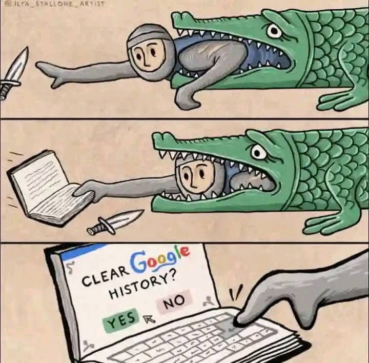 Рыцарь чистит историю Google Рыцарь, вылезающий из пасти дракона/крокодила, чтобы очистить историю Google