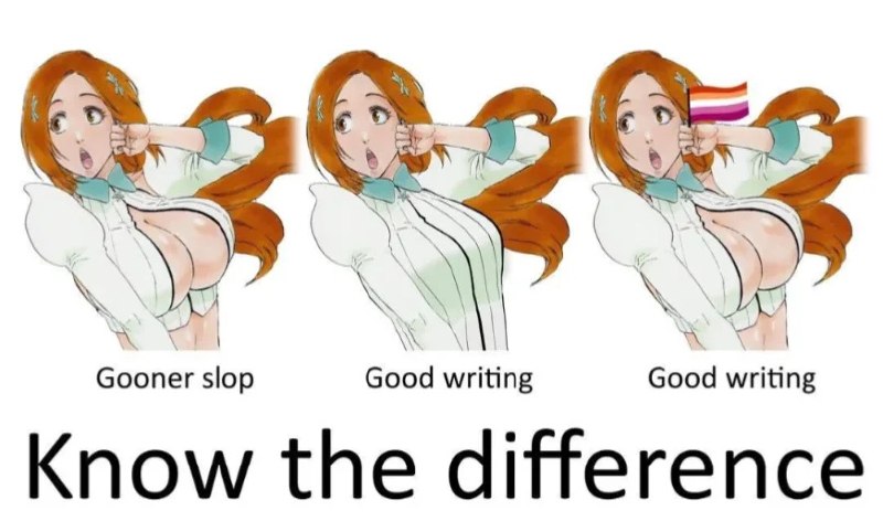 Сравнение «Gooner slop» и «Good writing» с подписью «Know the difference» — «Знайте разницу».