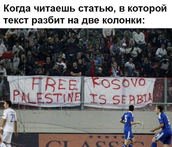 Мем про чтение статьи, текст в которой разбит на две колонки, с баннером «FREE PALESTINE» и «KOSOVO IS SERBIA»