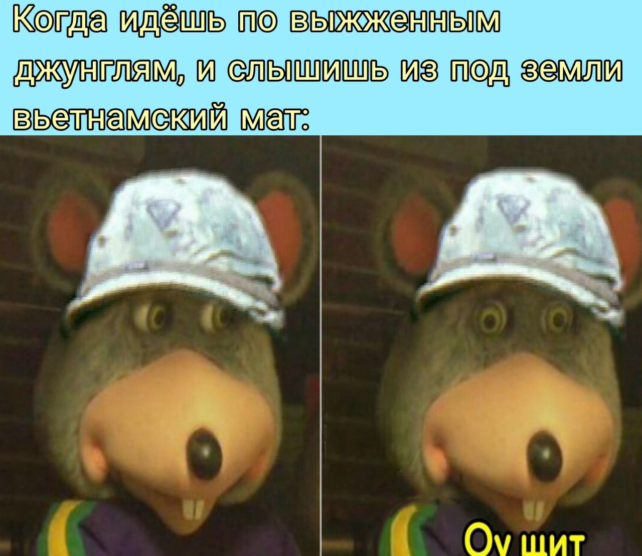 Когда идешь по выжженным джунглям и слышишь из под земли вьетнамский мат Чак И. Чиз в панаме, удивленно смотрящий с широко открытыми глазами, с подписью «Оу шит» на фоне выжженных джунглей и вьетнамского мата.