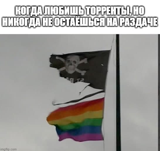Когда любишь торренты, но никогда не остаешься на раздаче Два флага, пиратский и радужный, парящие на одном флагштоке. Пиратский флаг изорван, а радужный флаг выглядит относительно новым.