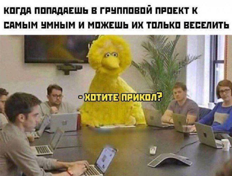 Когда попадаешь в групповой проект к самым умным и можешь их только веселить Мем с Большой Птицей из «Улицы Сезам» на совещании с умными людьми, где он может только веселить.