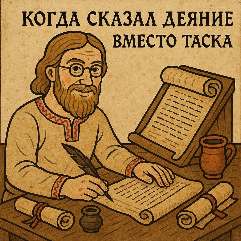 Когда сказал деяние вместо таска Мем с изображением древнерусского писца, который опечатался, написав «деяние» вместо «таска».