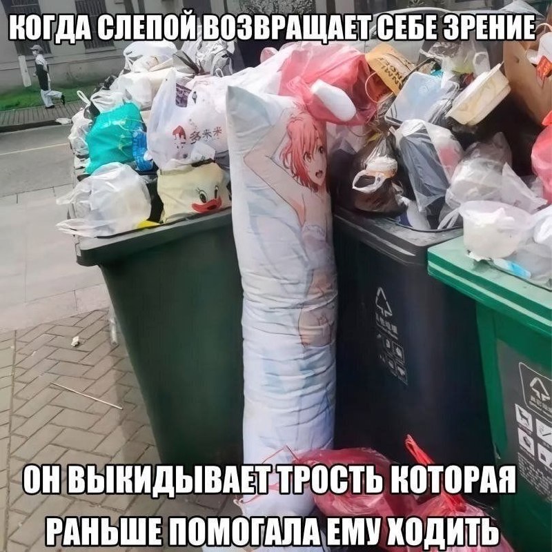 Переполненные мусорные баки, среди которых стоит длинная подушка с аниме-девушкой, и подпись про слепого, который выбрасывает трость после возвращения зрения.
