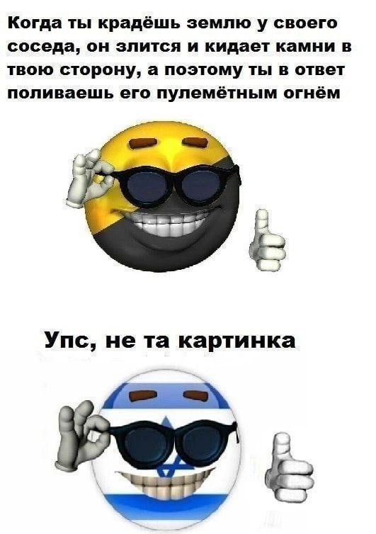 Когда ты крадешь землю у своего соседа Мем с анархо-капиталистическим и израильским флагами-смайликами, описывающий конфликт из-за земли.