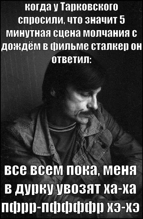Когда у Тарковского спросили про сцену молчания со сталкером Мем с Андреем Тарковским и шуточным ответом про сцену молчания с дождём в фильме «Сталкер»